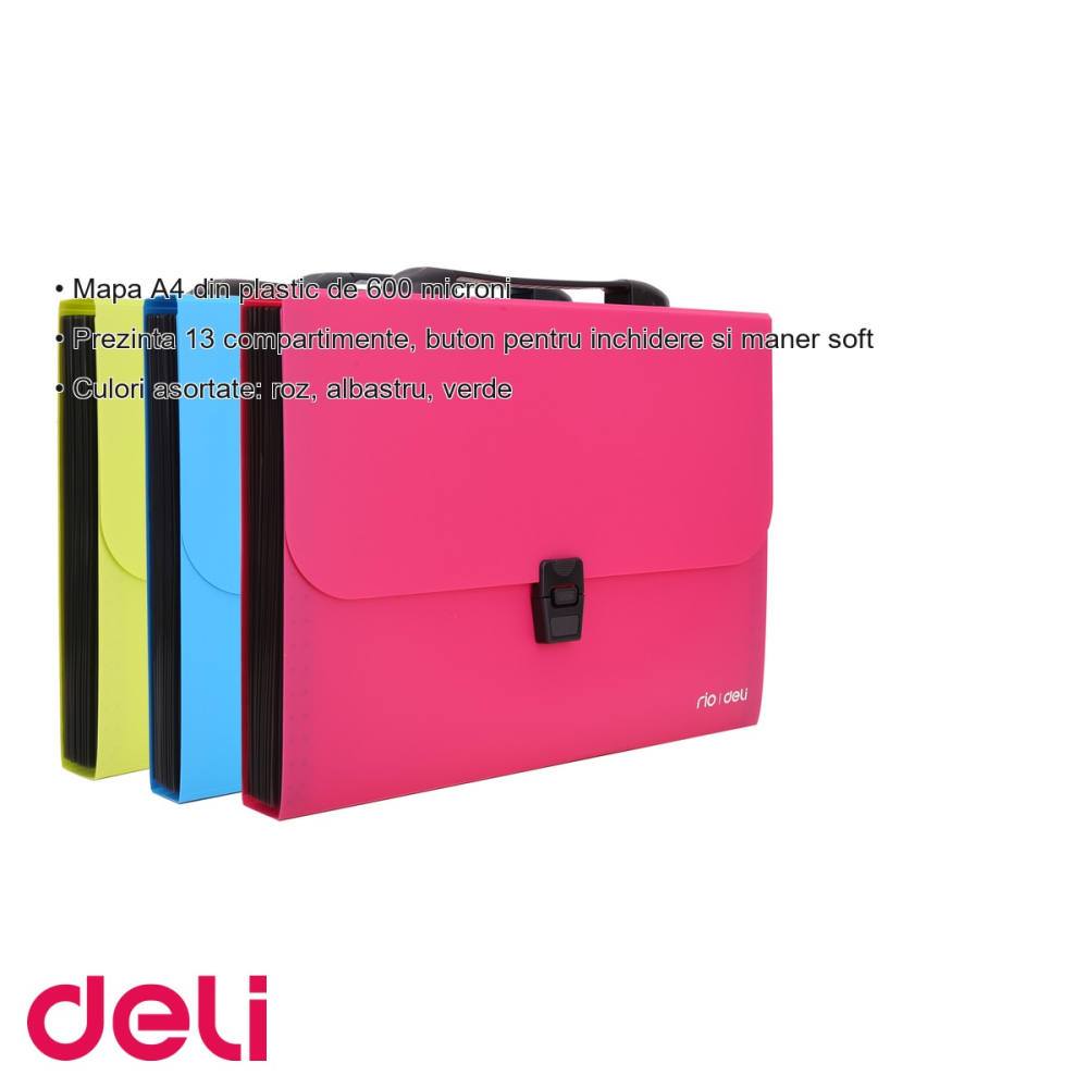Servieta documente Deli, plastic 600 microni, 13 compartimente, maner soft, culori neon asortate [3]