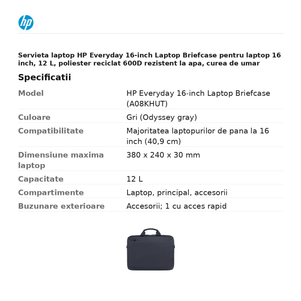 Servieta laptop HP Everyday 16-inch Laptop Briefcase pentru laptop 16 inch, 12 L, poliester reciclat 600D rezistent la apa, curea de umar detasabila, gri, A08KHUT [3]
