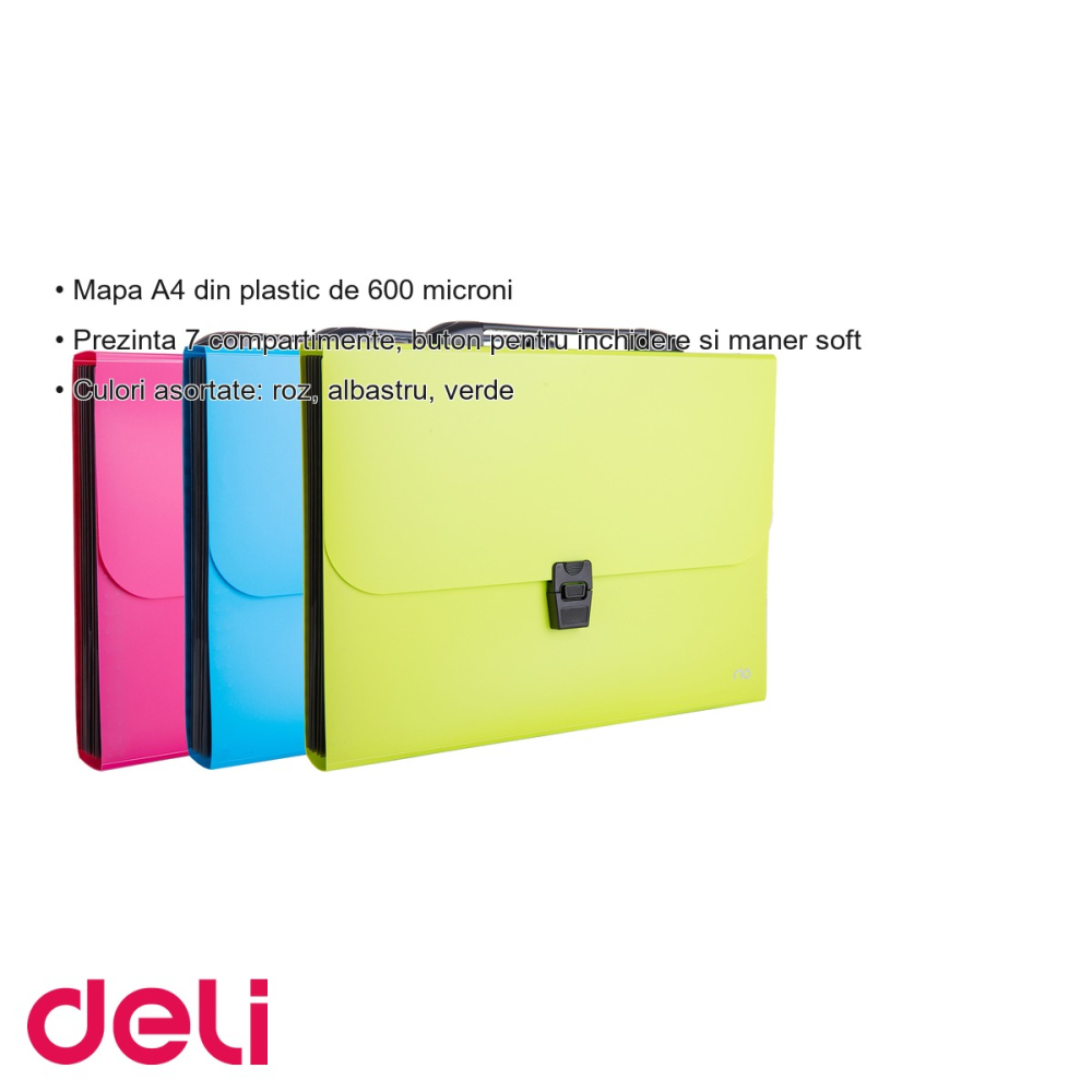 Servieta mapa A4 plastic Deli, 7 compartimente, maner soft, culori neon asortate [3]