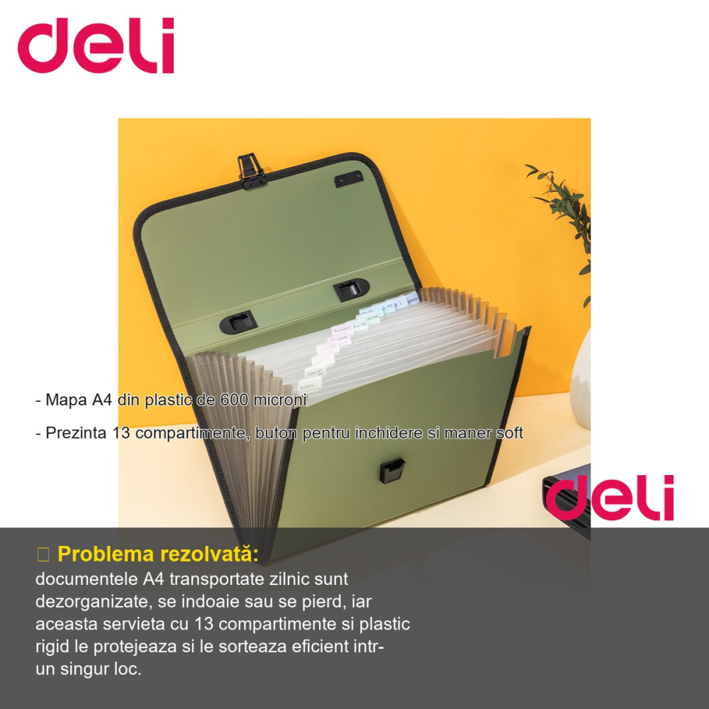 Servieta mapa documente Deli, plastic 600 microni, 13 compartimente, maner soft, culori clasice [2]