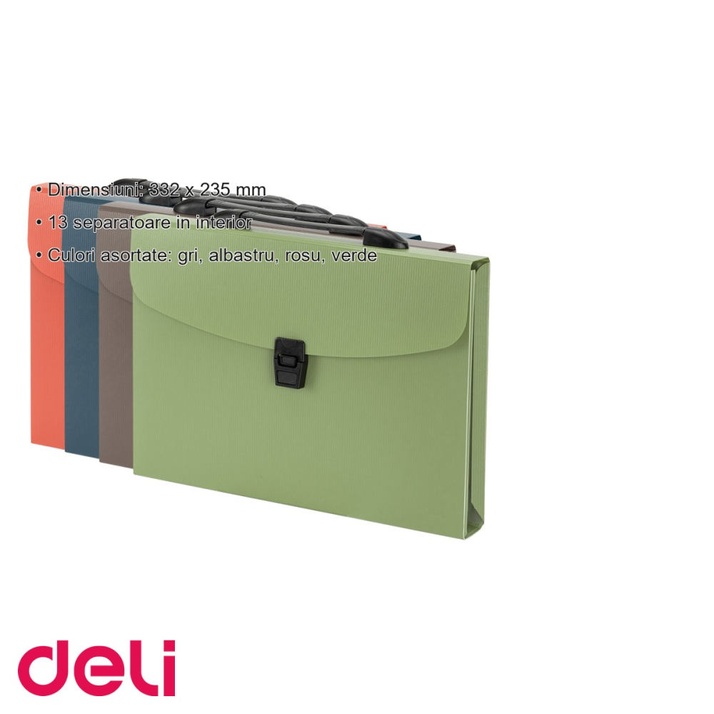 Servieta plastic cu maner Deli, 13 compartimente, pentru transport si organizare documente A4 [3]