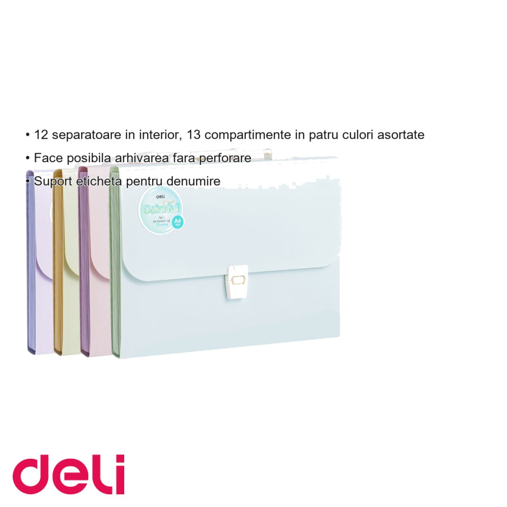 Servieta plastic cu maner Deli Macarons, 13 compartimente, pentru transport si organizare documente A4 [3]