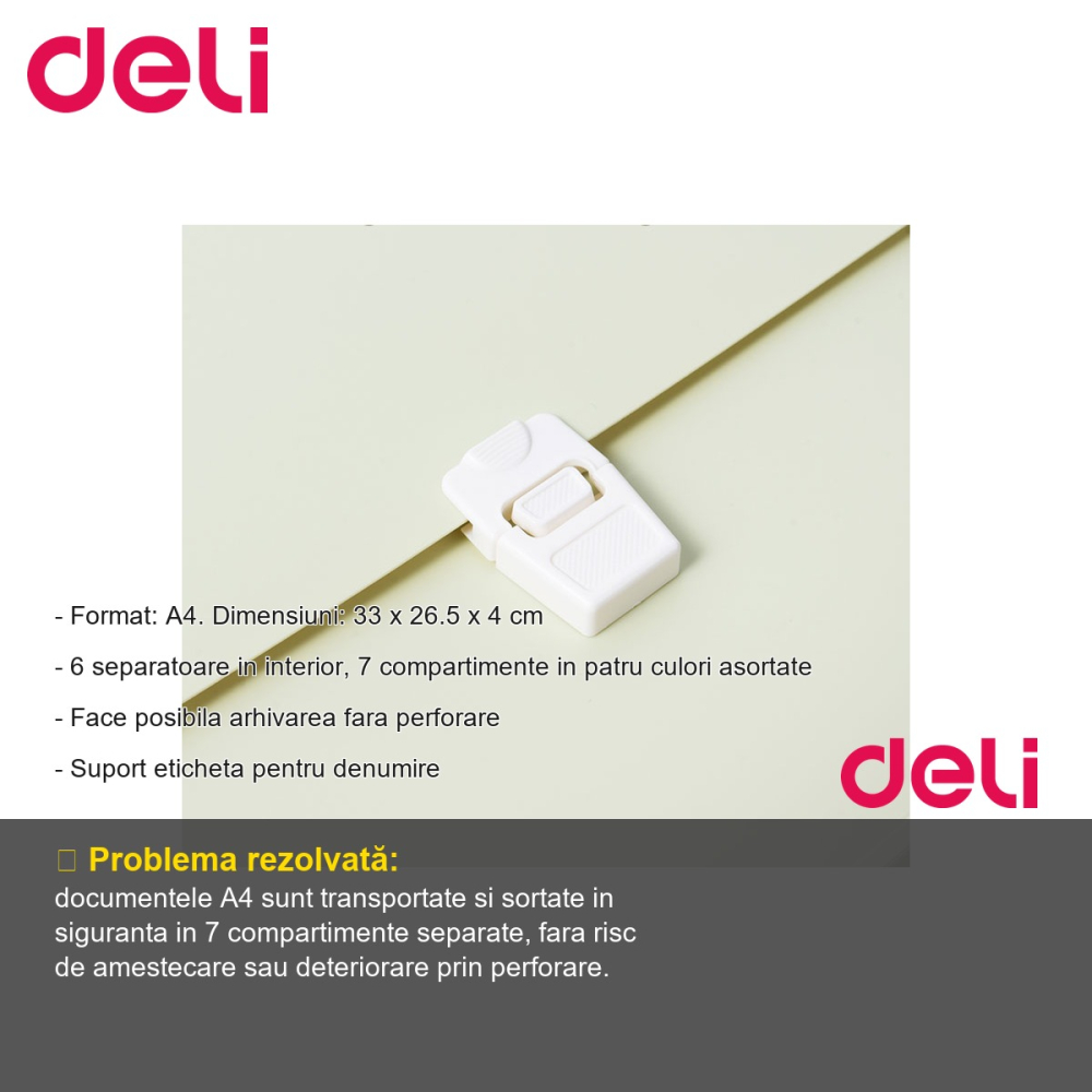 Servieta plastic cu maner Deli Macarons, 7 compartimente, format A4, pentru transport si organizare documente [2]
