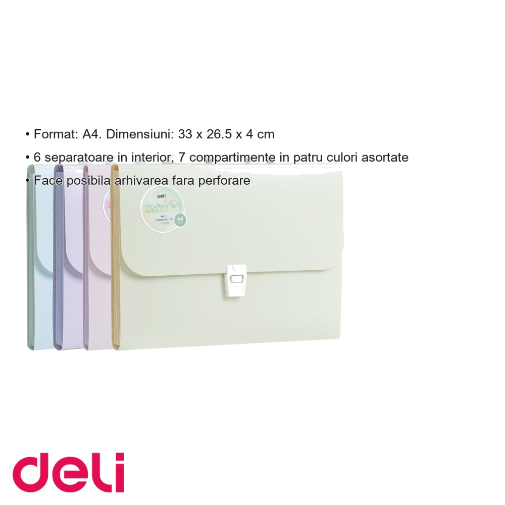 Servieta plastic cu maner Deli Macarons, 7 compartimente, format A4, pentru transport si organizare documente [3]
