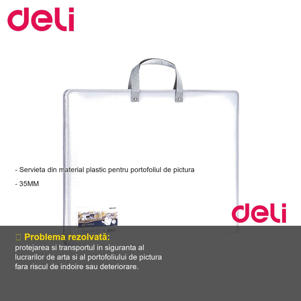 Servieta plastic pentru portofoliu pictura Deli, 440x350x35mm, alba, transport si protectie lucrari [2]