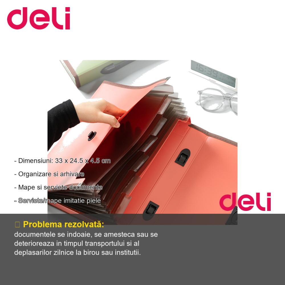 Servieta plastic rigid Deli, 7 compartimente cu maner, pentru transport sigur documente A4 [2]