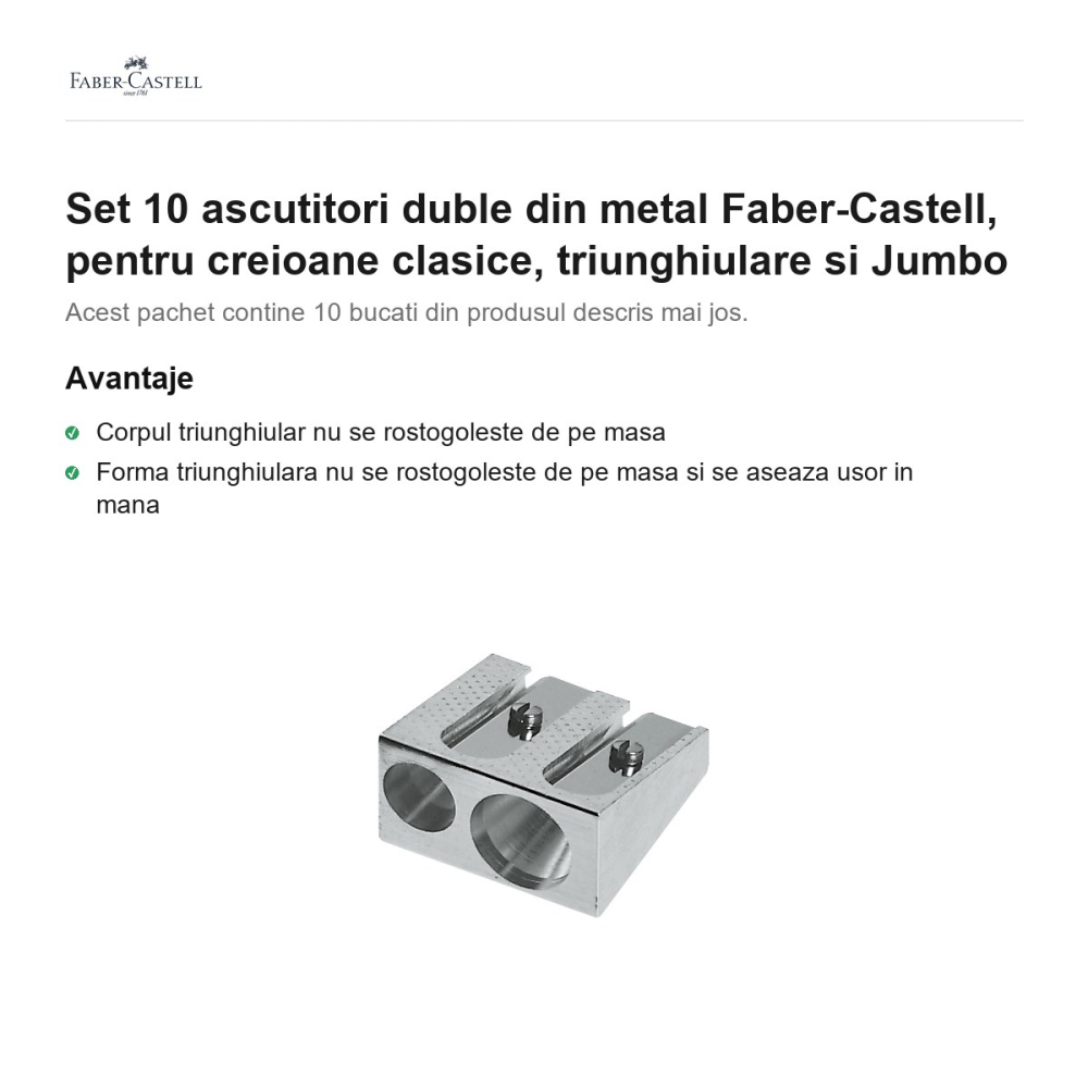Set 10 ascutitori duble din metal Faber-Castell, pentru creioane clasice, triunghiulare si Jumbo [2]
