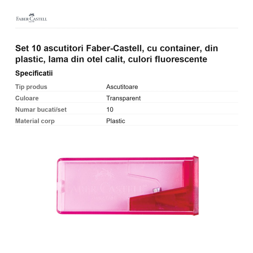 Set 10 ascutitori Faber-Castell, cu container, din plastic, lama din otel calit, culori fluorescente [3]
