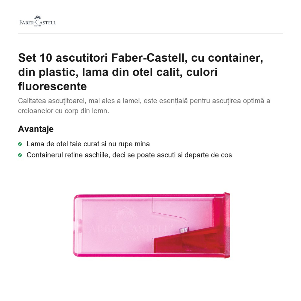 Set 10 ascutitori Faber-Castell, cu container, din plastic, lama din otel calit, culori fluorescente [2]