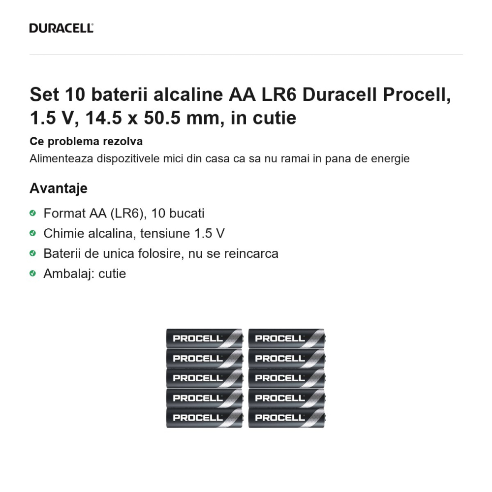 Set 10 baterii alcaline AA LR6 Duracell Procell, 1.5 V, 14.5 x 50.5 mm, in cutie [2]