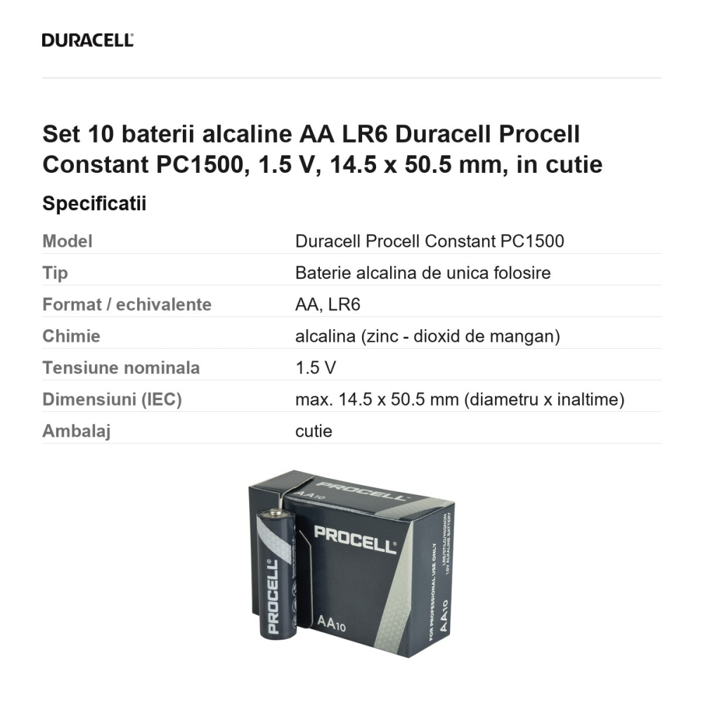 Set 10 baterii alcaline AA LR6 Duracell Procell Constant PC1500, 1.5 V, 14.5 x 50.5 mm, in cutie [3]