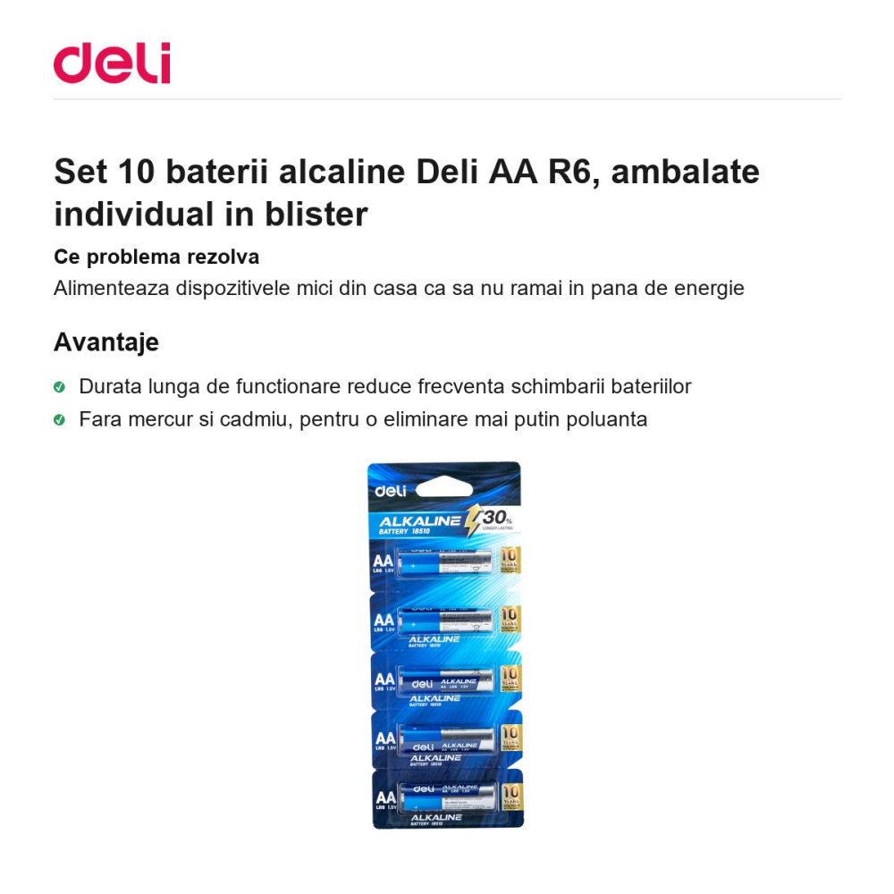 Set 10 baterii alcaline Deli AA R6, ambalate individual in blister [2]