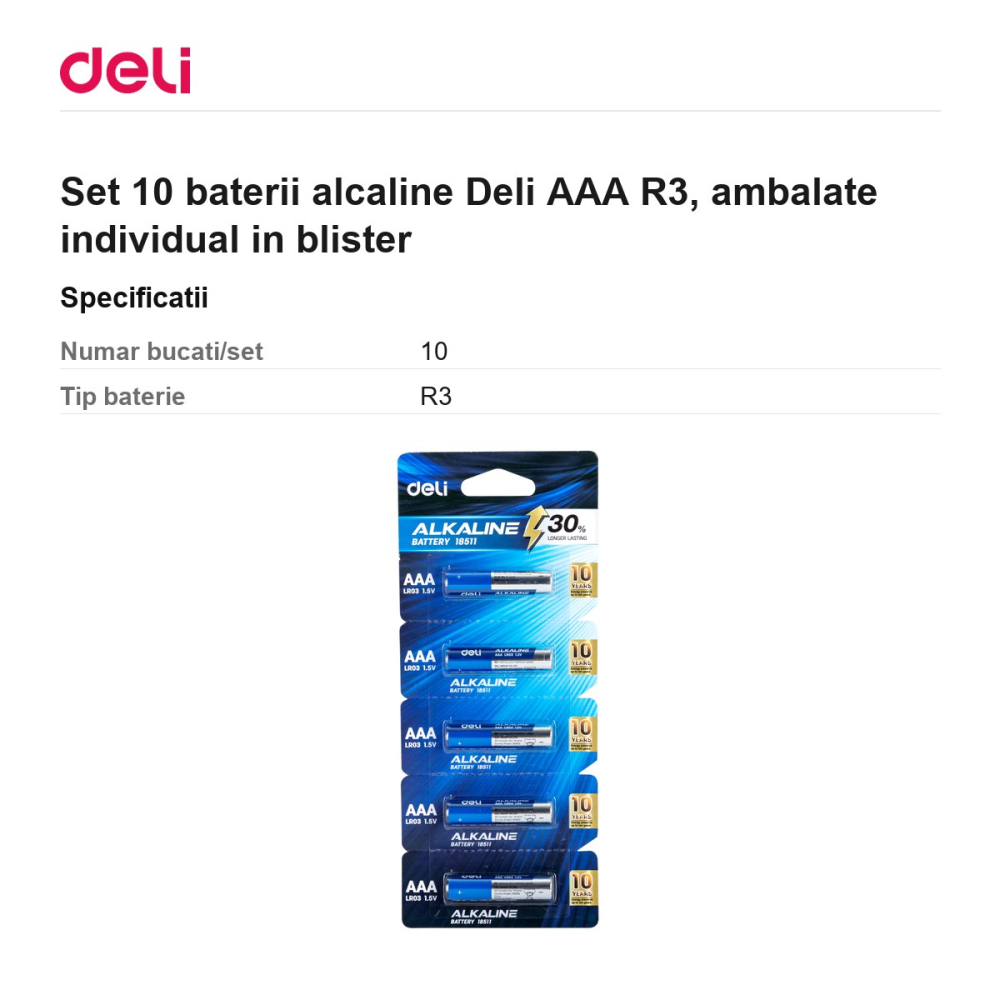 Set 10 baterii alcaline Deli AAA R3, ambalate individual in blister [3]