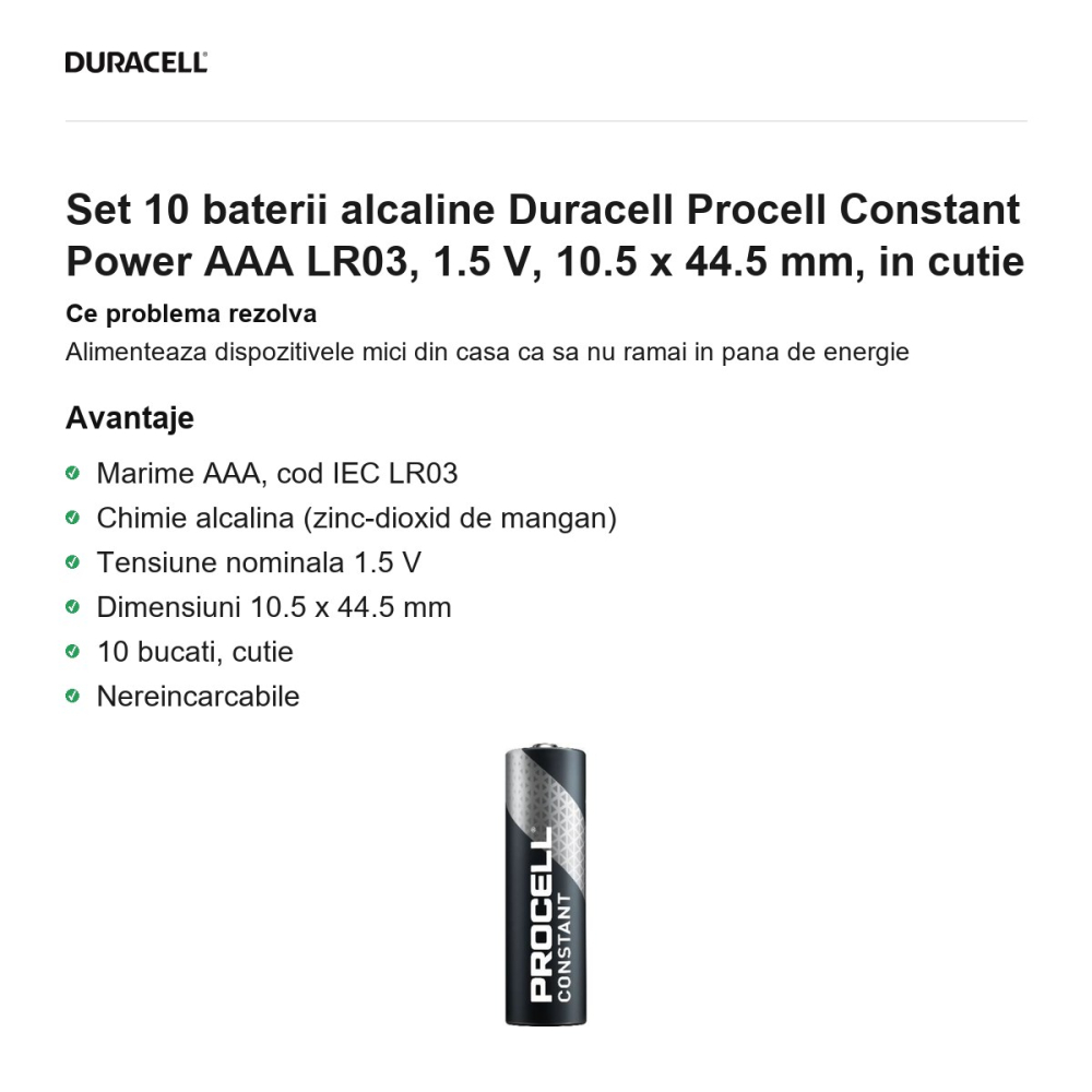 Set 10 baterii alcaline Duracell Procell Constant Power AAA LR03, 1.5 V, 10.5 x 44.5 mm, in cutie [2]