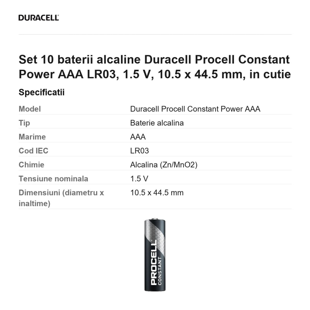 Set 10 baterii alcaline Duracell Procell Constant Power AAA LR03, 1.5 V, 10.5 x 44.5 mm, in cutie [3]