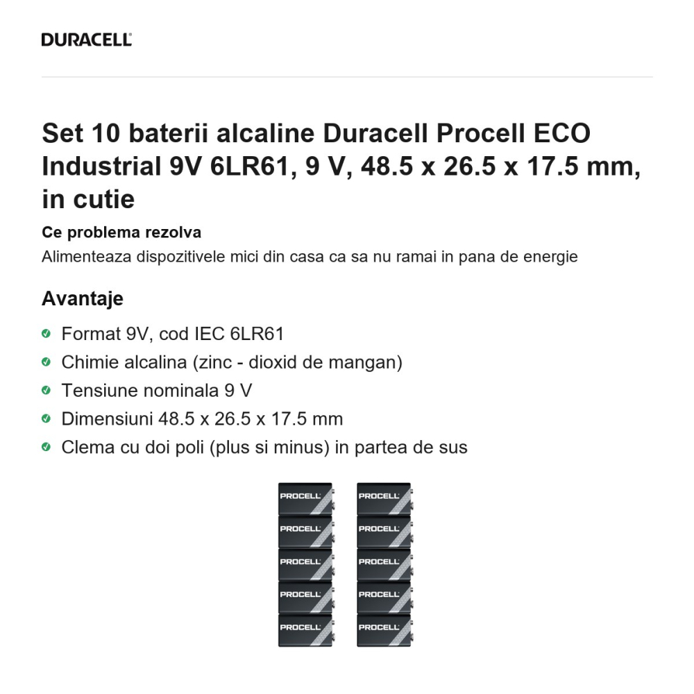 Set 10 baterii alcaline Duracell Procell ECO Industrial 9V 6LR61, 9 V, 48.5 x 26.5 x 17.5 mm, in cutie [2]