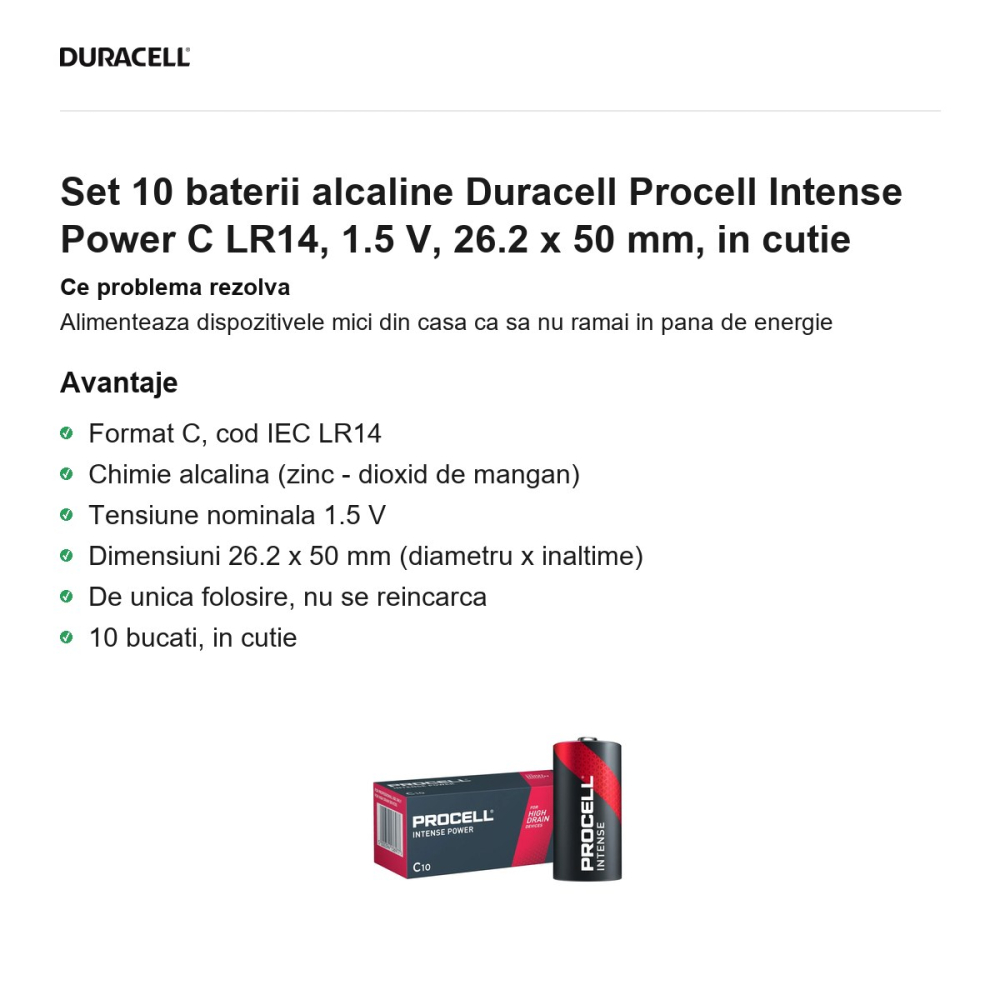 Set 10 baterii alcaline Duracell Procell Intense Power C LR14, 1.5 V, 26.2 x 50 mm, in cutie [2]