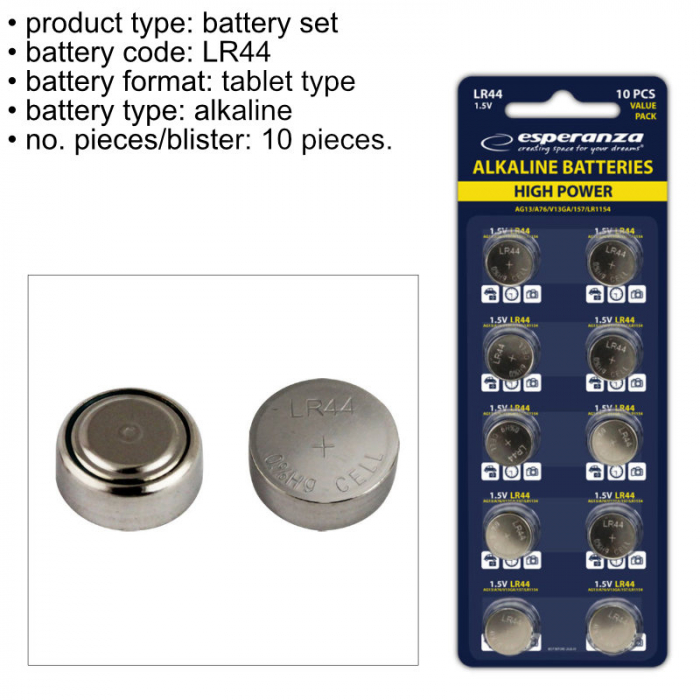 Set 10 baterii alcaline LR44 AG13, Esperanza 95801, tip buton, 1.5V, la blister [5]