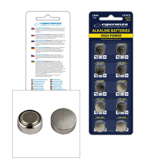 Set 10 baterii alcaline LR44 AG13, Esperanza 95801, tip buton, 1.5V, la blister [4]