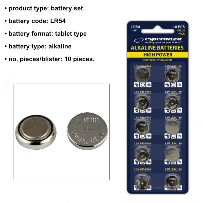 Set 10 baterii alcaline LR54 AG10, Esperanza 95793, tip buton, 1.5V, la blister [5]