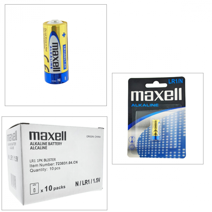 Set 10 baterii alcaline Maxell LR1 / N / AM5, 1.5V, capacitate 800-1000 mAh, 12mm diametru x 30mm inaltime, in blistere [5]