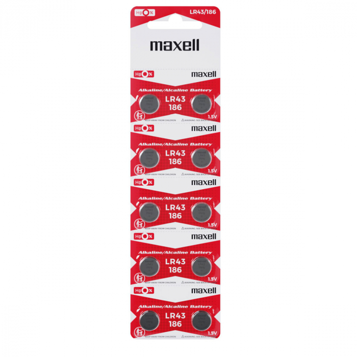 Set 10 baterii alcaline Maxell LR43 / AG12 (186), 1.5V, diametru 11.6mm, grosime 4.2mm, medium drain, in blister [1]