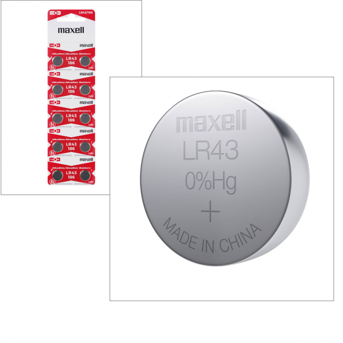 Set 10 baterii alcaline Maxell LR43 / AG12 (186), 1.5V, diametru 11.6mm, grosime 4.2mm, medium drain, in blister [2]