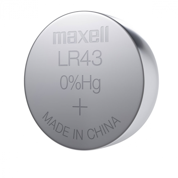 Set 10 baterii alcaline Maxell LR43 / AG12 (186), 1.5V, diametru 11.6mm, grosime 4.2mm, medium drain, in blister [3]