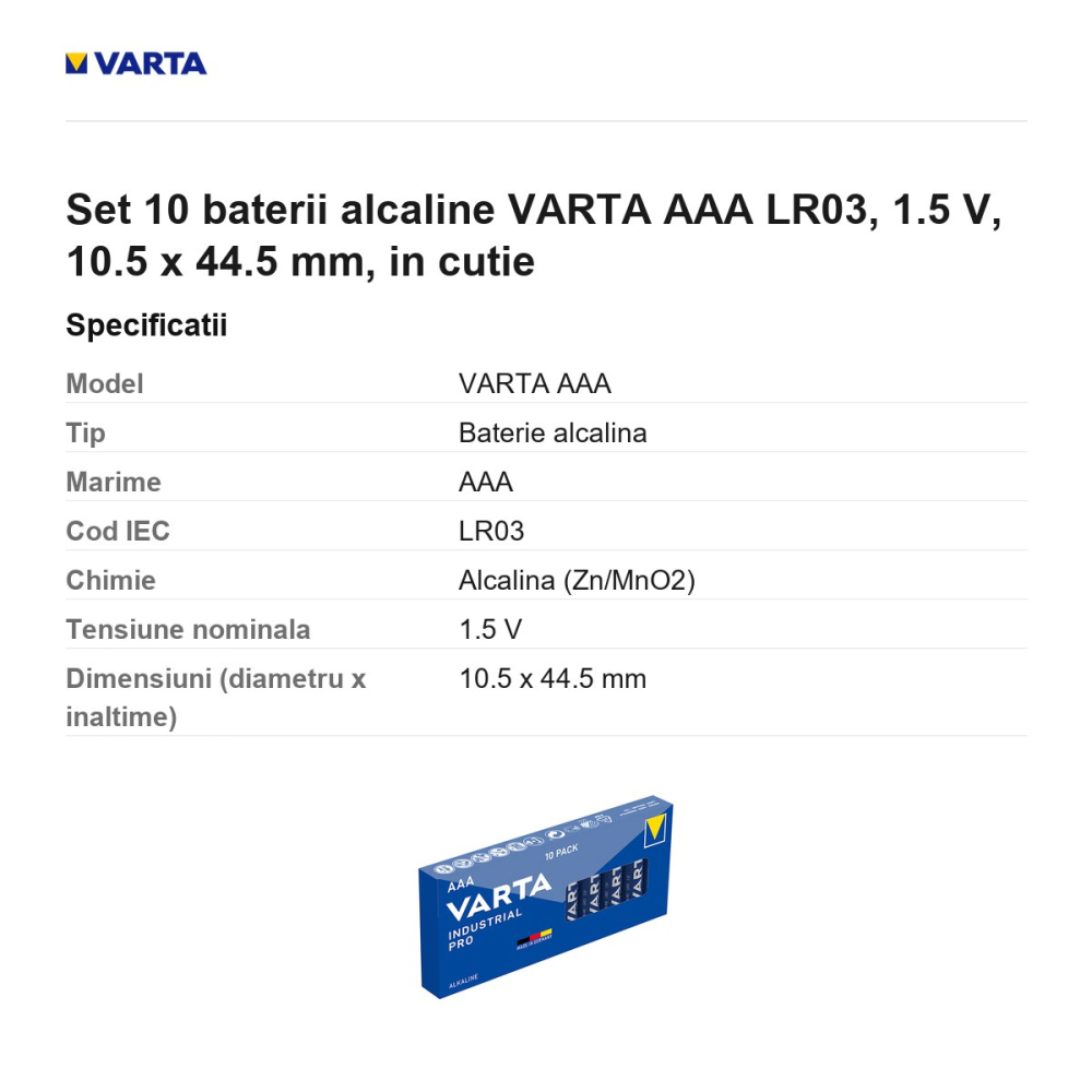 Set 10 baterii alcaline VARTA AAA LR03, 1.5 V, 10.5 x 44.5 mm, in cutie [3]