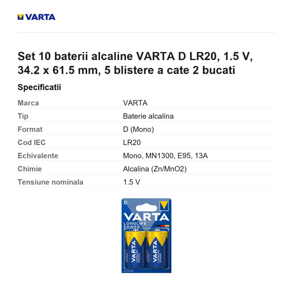 Set 10 baterii alcaline VARTA D LR20, 1.5 V, 34.2 x 61.5 mm, 5 blistere a cate 2 bucati [3]