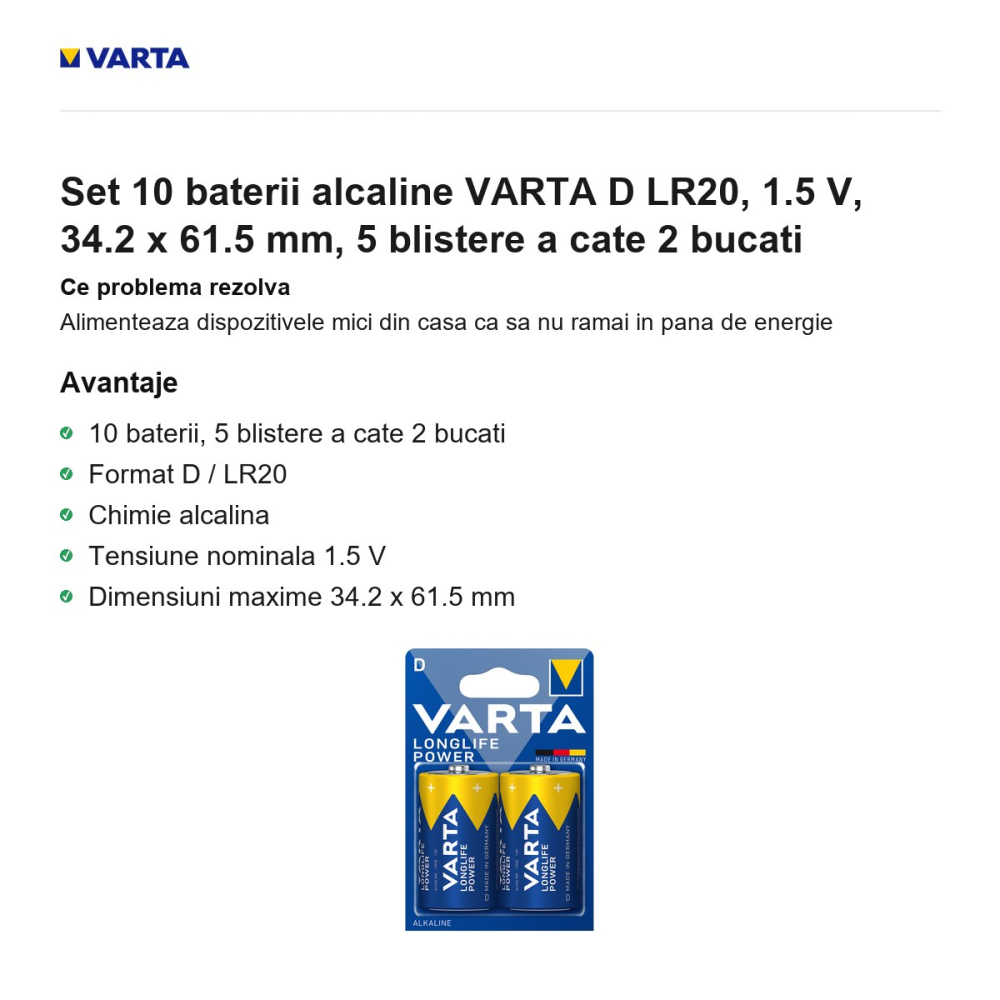 Set 10 baterii alcaline VARTA D LR20, 1.5 V, 34.2 x 61.5 mm, 5 blistere a cate 2 bucati [2]