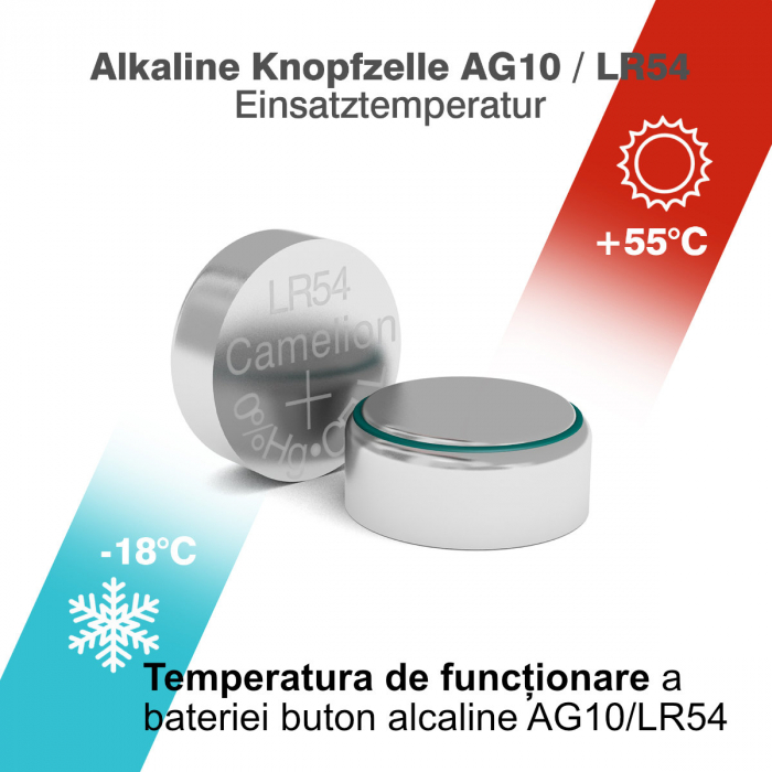 Set 10 baterii buton alcaline Camelion AG10 / LR54 / LR1130 / 389, 1.5V, diametru 11.6 mm, grosime 3.1 mm, in blister [3]