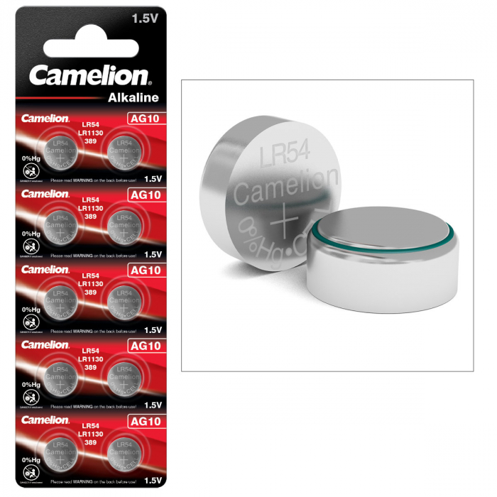 Set 10 baterii buton alcaline Camelion AG10 / LR54 / LR1130 / 389, 1.5V, diametru 11.6 mm, grosime 3.1 mm, in blister [2]