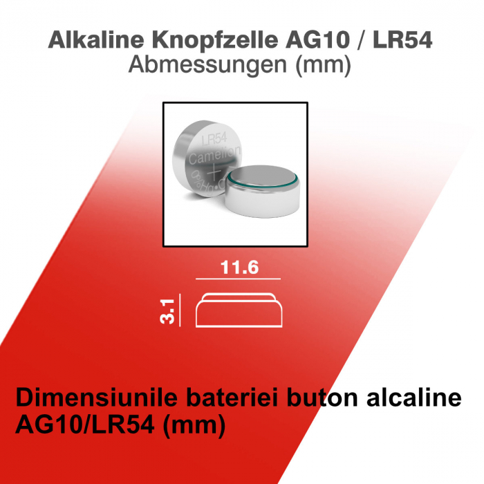 Set 10 baterii buton alcaline Camelion AG10 / LR54 / LR1130 / 389, 1.5V, diametru 11.6 mm, grosime 3.1 mm, in blister [4]