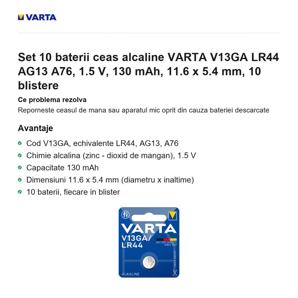 Set 10 baterii ceas alcaline VARTA V13GA LR44 AG13 A76, 1.5 V, 130 mAh, 11.6 x 5.4 mm, 10 blistere [2]