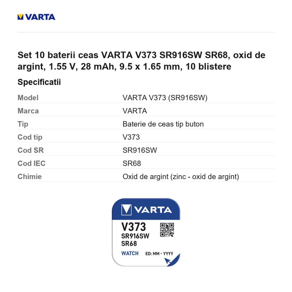Set 10 baterii ceas VARTA V373 SR916SW SR68, oxid de argint, 1.55 V, 28 mAh, 9.5 x 1.65 mm, 10 blistere [3]
