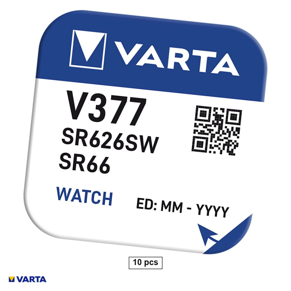 Set 10 baterii ceas VARTA V377 SR626SW SR66 AG4, oxid de argint, 1.55 V, 21 mAh, 6.8 x 2.6 mm, 10 blistere [1]