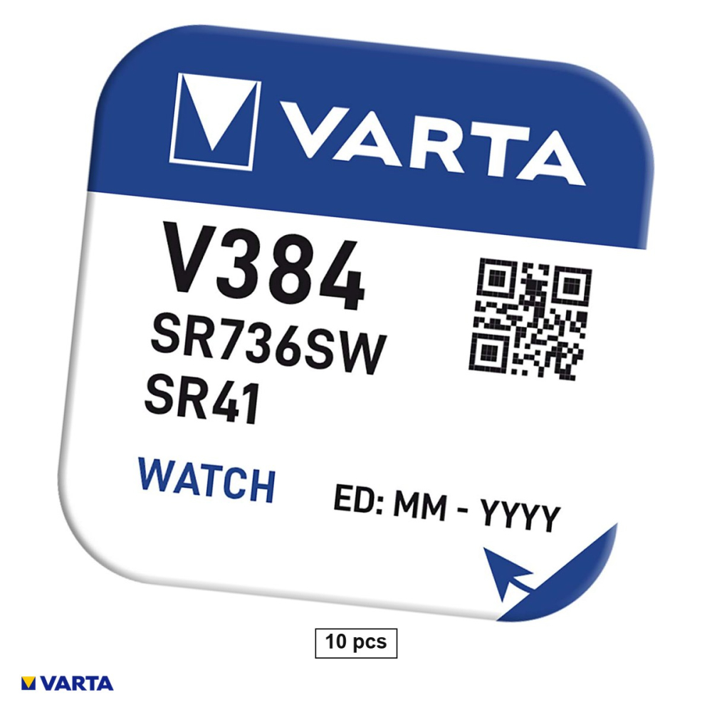 Set 10 baterii ceas VARTA V384 SR41SW SR41 AG3, oxid de argint, 1.55 V, 37 mAh, 7.9 x 3.6 mm, 10 blistere [1]