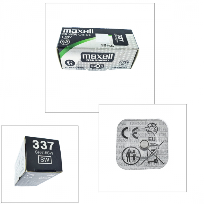 Set 10 baterii de ceas tip buton, Maxell SR416SW 337, 1.55V, 4.8mm diametru x 1.65mm inaltime, capacitate 8.3 mAh, oxid de argint, in blistere [2]
