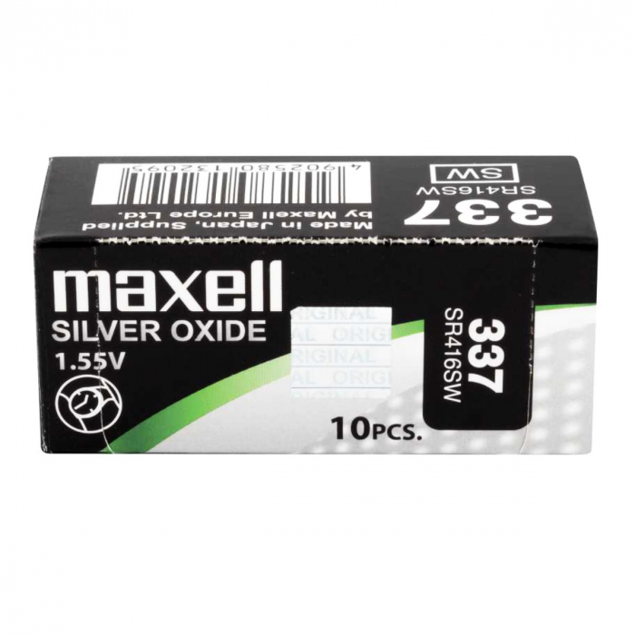 Set 10 baterii de ceas tip buton, Maxell SR416SW 337, 1.55V, 4.8mm diametru x 1.65mm inaltime, capacitate 8.3 mAh, oxid de argint, in blistere [1]