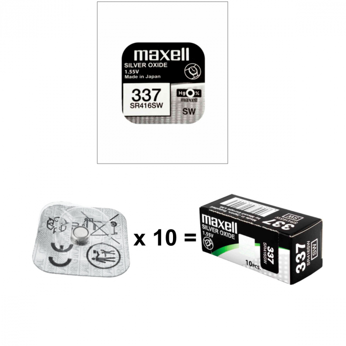 Set 10 baterii de ceas tip buton, Maxell SR416SW 337, 1.55V, 4.8mm diametru x 1.65mm inaltime, capacitate 8.3 mAh, oxid de argint, in blistere [3]