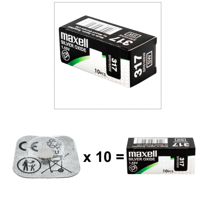 Set 10 baterii de ceas tip buton, Maxell SR516W 317, 1.55V, 5.8mm diametru x 1.65mm inaltime, capacitate 11.8 mAh, oxid de argint, in blistere [3]