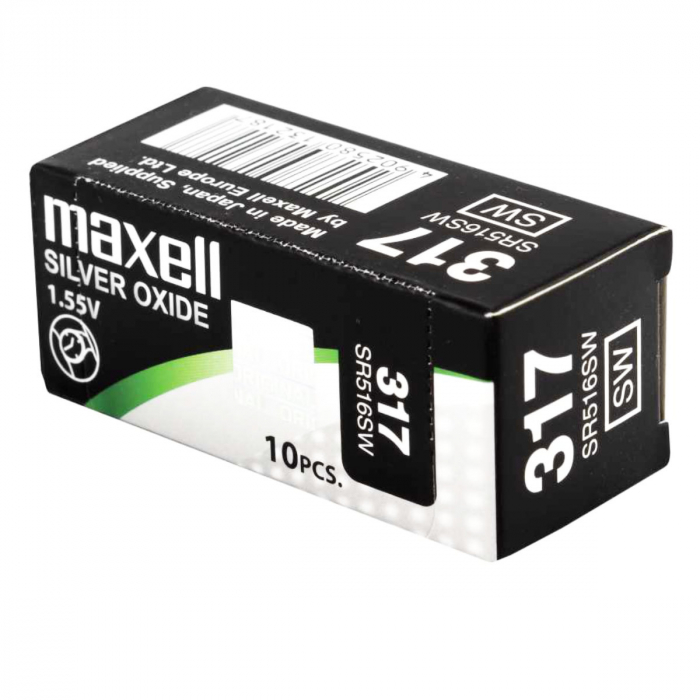 Set 10 baterii de ceas tip buton, Maxell SR516W 317, 1.55V, 5.8mm diametru x 1.65mm inaltime, capacitate 11.8 mAh, oxid de argint, in blistere [4]