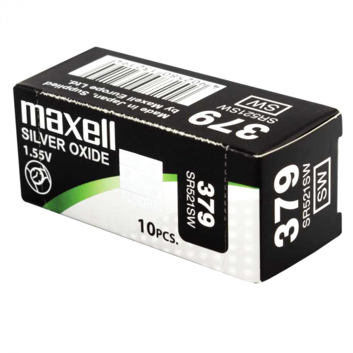 Set 10 baterii de ceas tip buton, Maxell SR521SW / 379 / AG0, 1.55V, 5.8mm diametru x 2.15mm inaltime, capacitate 13-16 mAh, oxid de argint, in blistere [6]