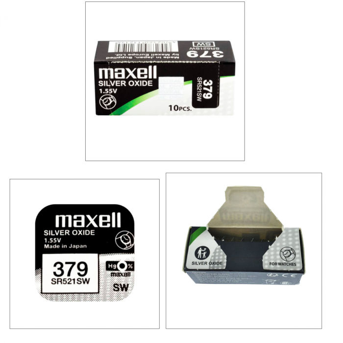 Set 10 baterii de ceas tip buton, Maxell SR521SW / 379 / AG0, 1.55V, 5.8mm diametru x 2.15mm inaltime, capacitate 13-16 mAh, oxid de argint, in blistere [4]