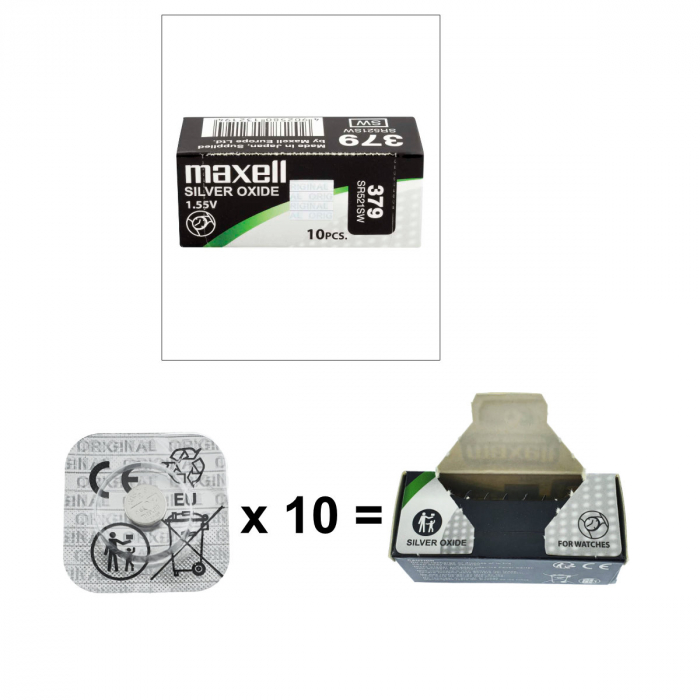 Set 10 baterii de ceas tip buton, Maxell SR521SW / 379 / AG0, 1.55V, 5.8mm diametru x 2.15mm inaltime, capacitate 13-16 mAh, oxid de argint, in blistere [3]