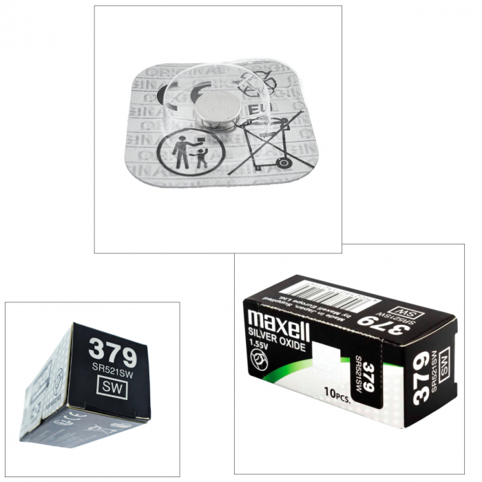 Set 10 baterii de ceas tip buton, Maxell SR521SW / 379 / AG0, 1.55V, 5.8mm diametru x 2.15mm inaltime, capacitate 13-16 mAh, oxid de argint, in blistere [2]