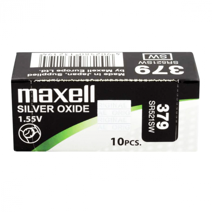 Set 10 baterii de ceas tip buton, Maxell SR521SW / 379 / AG0, 1.55V, 5.8mm diametru x 2.15mm inaltime, capacitate 13-16 mAh, oxid de argint, in blistere [1]
