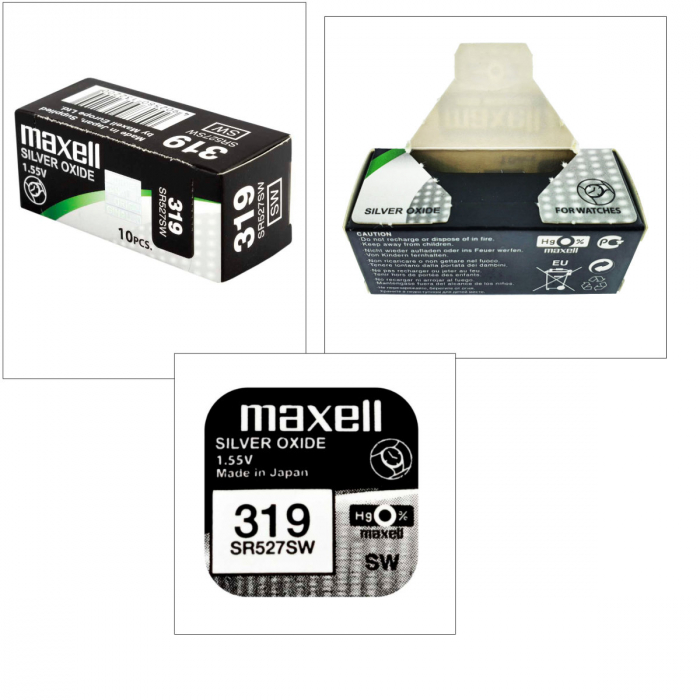 Set 10 baterii de ceas tip buton, Maxell SR527SW 319, 1.55V, 5.8mm diametru x 2.7mm inaltime, capacitate 17 mAh, oxid de argint, in blistere [5]
