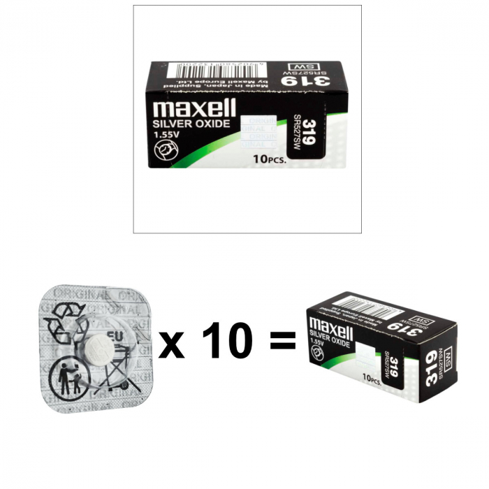 Set 10 baterii de ceas tip buton, Maxell SR527SW 319, 1.55V, 5.8mm diametru x 2.7mm inaltime, capacitate 17 mAh, oxid de argint, in blistere [3]